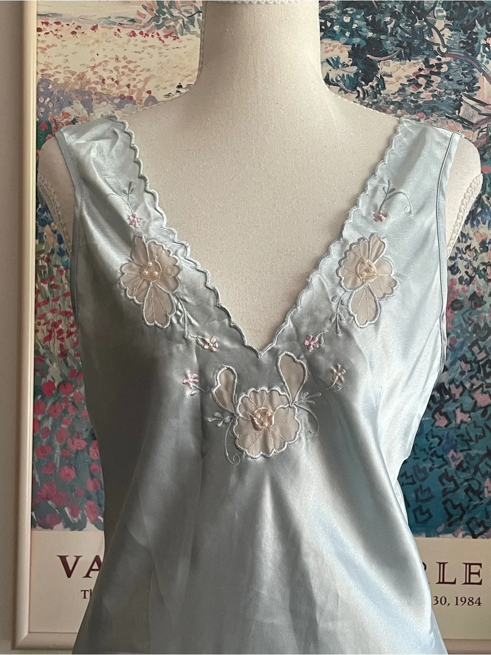 Vintage 90s Baby Blue Satin Lace Floral Slip Dress Size Small Coquette Fairy - Picture 4 of 13